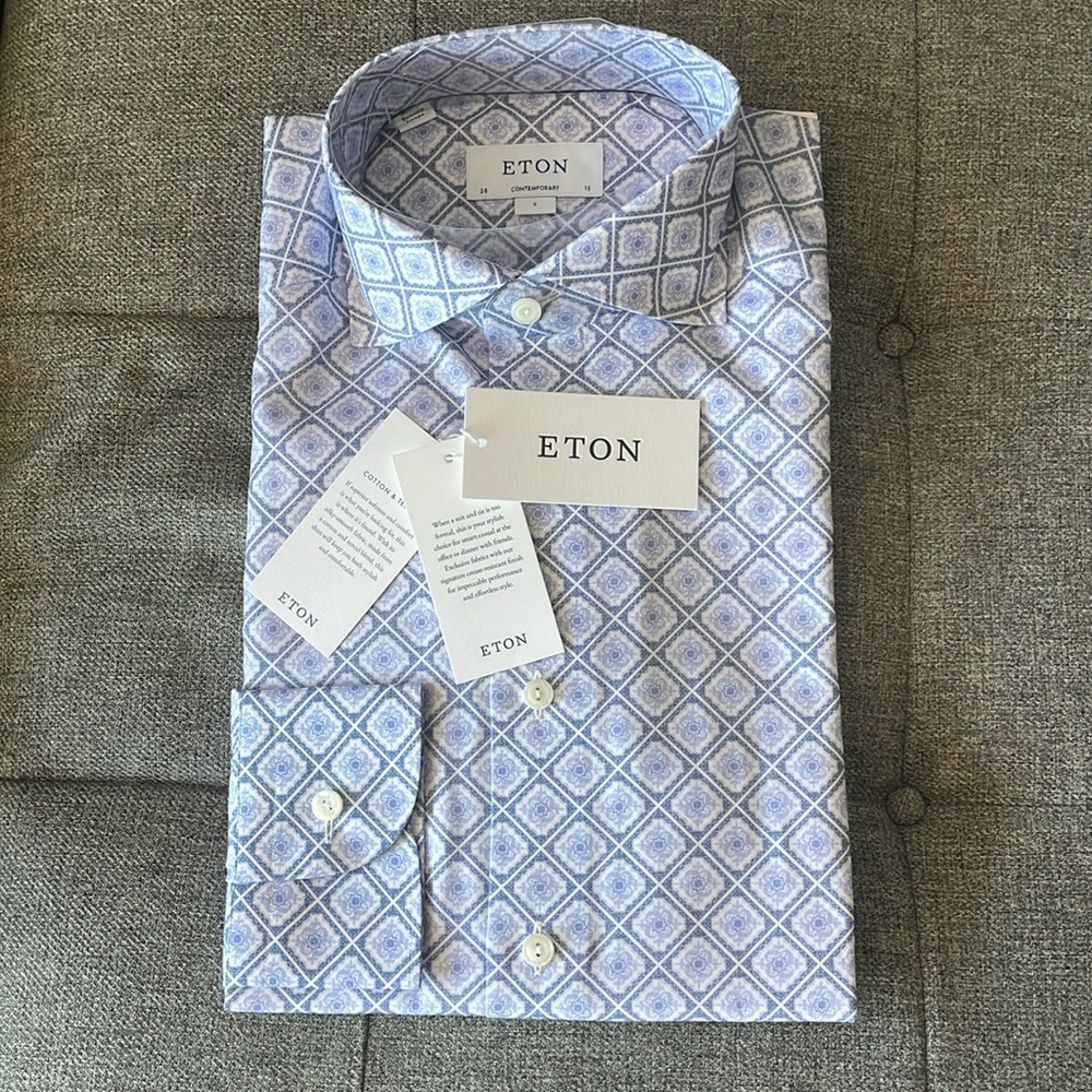 ETON Contemporary Fit 38/15 Blue Medallion Dress Shirt Spread Collar NWT